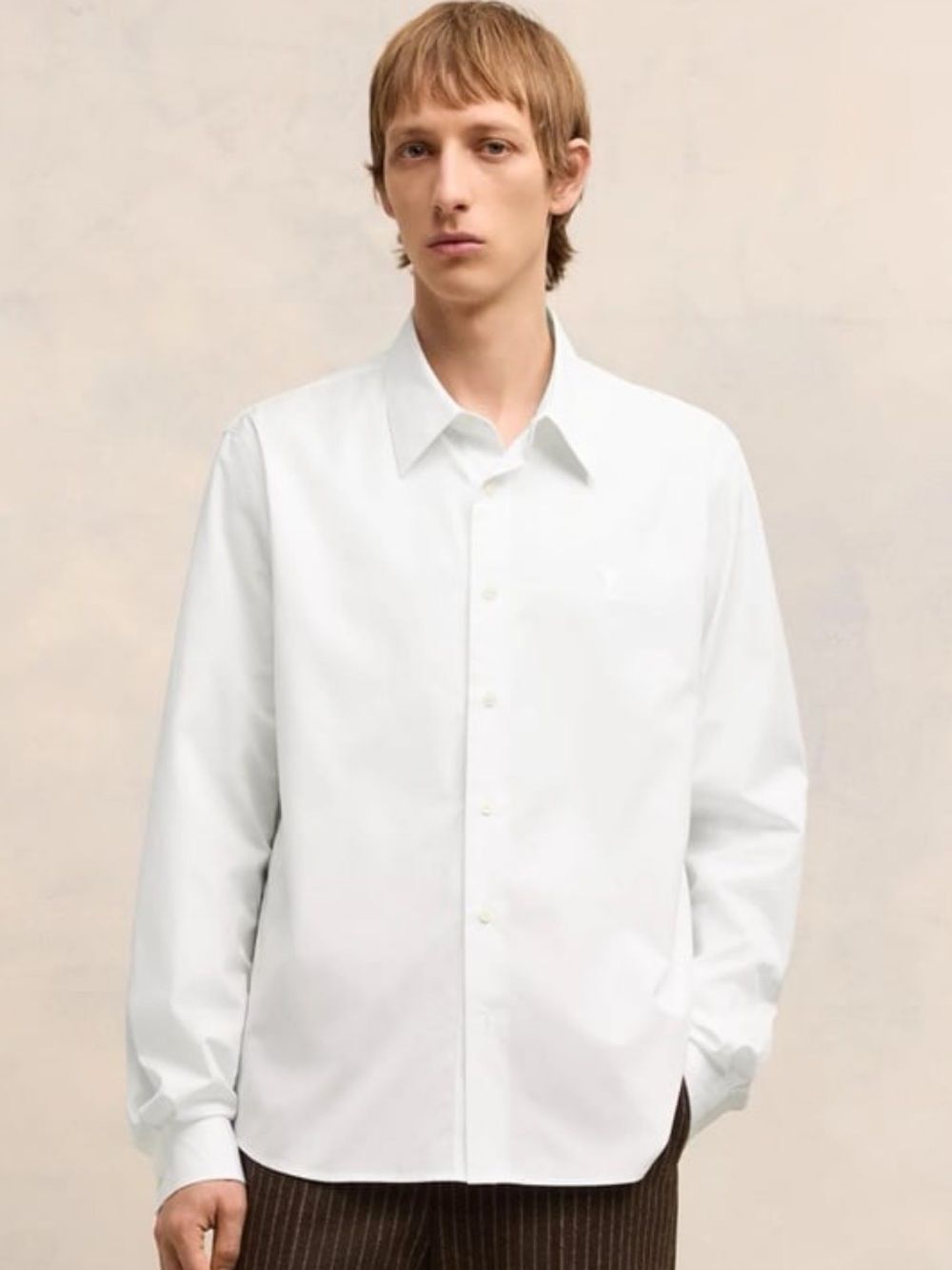Ami Paris Classic White Men's Button-Down Shirt. Wardrobe capsule. Quiet luxury